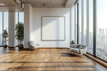 Modern office interior with pc computers on tables in row, panoramic window, Generative AI