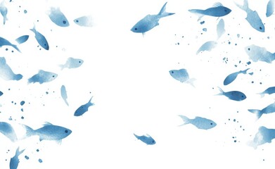 Vector Illustration of Small Fish Swimming on White Background: Cute and Simple Design in White and Blue Tones with Watercolor Effect