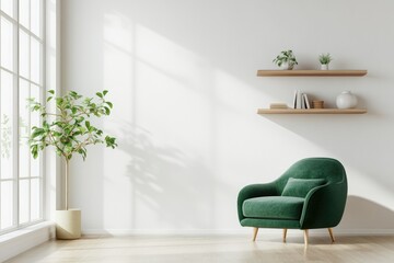 Fototapeta premium Modern Minimalist Living Room Interior with Green Armchair and White Wall Background