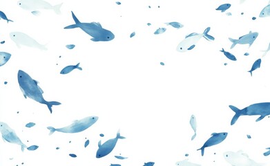 Fototapeta premium Vector Illustration of Small Fish Swimming on White Background: Cute and Simple Design in White and Blue Tones with Watercolor Effect