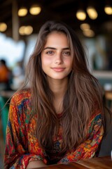Fototapeta premium high quality photorealistic full-body portrait of a 22 year old beautiful Indian girl sitting by a cafe looking at the camera