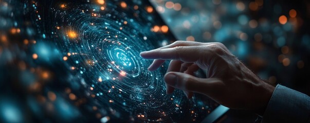 Man using tablet, finger touch digital AI assistant hologram. Copy space, Generative AI