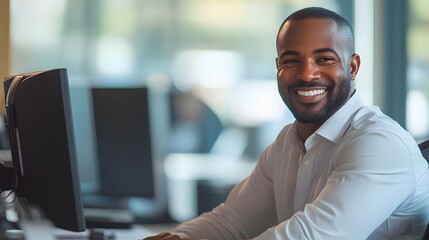 Fototapeta premium Portrait of a smiling Black man at work, looking directly at the camera.