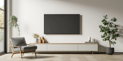 Modern Living Room Interior Design with Wall-mounted TV and Comfortable Armchair