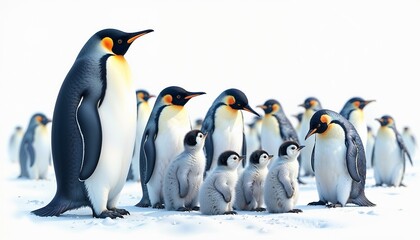 Emperor penguins with cute chicks gathered in a snowy landscape, wildlife family 