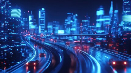 Fototapeta premium Futuristic cityscape with illuminated highways and modern buildings at night.