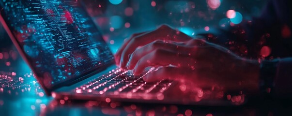Man using laptop, AI document management system hologram hud, Generative AI
