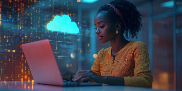 African woman typing on laptop, cloud service hologram and files backup, Generative AI