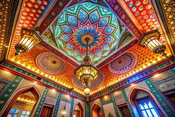 Obraz premium Elegant Architectural Ceiling Design with Intricate Patterns and Soft Lighting in a Modern Interior Space