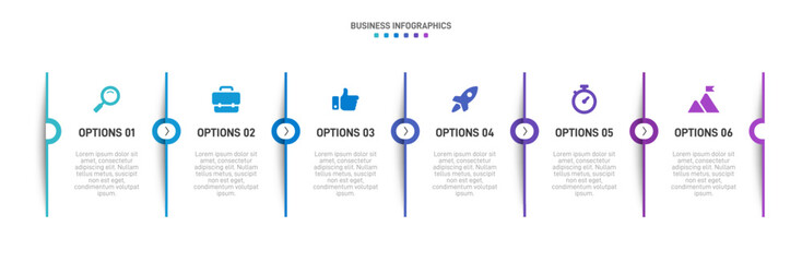 Horizontal progress bar featuring 6 arrow-shaped elements, symbolizing the six stages of business strategy and progression. Clean timeline infographic design template. Vector for presentation