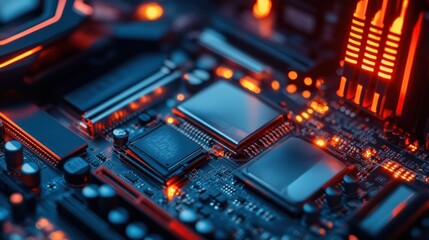 Fototapeta premium Close-up of a circuit board with glowing components, showcasing technology and innovation.