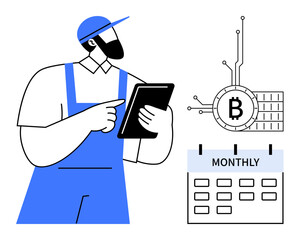 Worker in blue overalls and cap holding tablet pointing at Bitcoin network beside a monthly calendar. Ideal for cryptocurrency, technology, financial planning, blockchain, digital payments