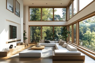 Fototapeta premium Modern living room with wooden accents and large windows. 3D Rendering, Generative AI