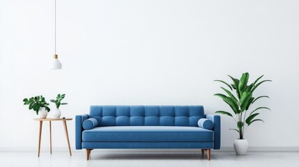 Obraz premium Modern Minimalist Living Room with Blue Sofa and Plants in Contemporary Interior Design