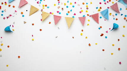 A vibrant celebration space decorated with colorful confetti and festive banners for a joyful announcement or party gathering
