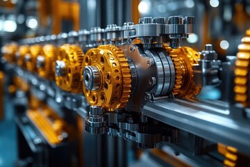 Obraz premium Close-up of a shiny metal industrial conveyor belt with gold gears turning in a factory setting.