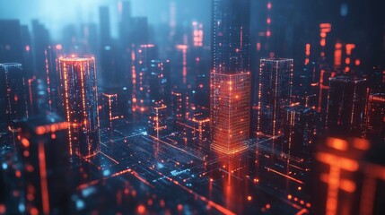 Global data storage hologram and backup, files synchronization and city view, Generative AI