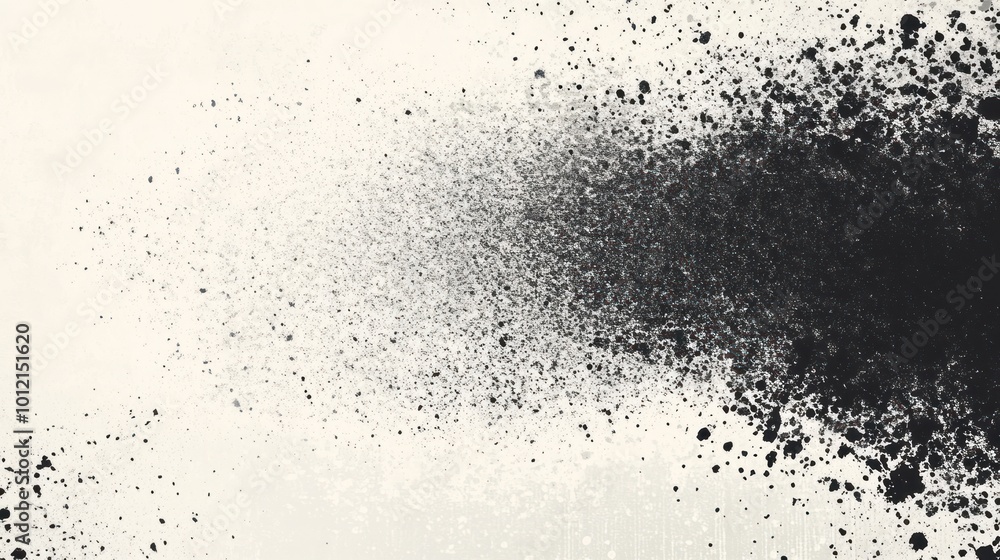 Poster abstract image featuring a gradient of black particles dispersing against a light background.
