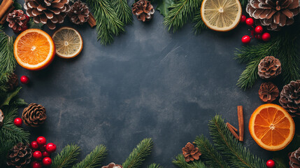 A festive holiday menu layout with citrus fruits, pinecones, and evergreen accents on a dark background for seasonal gatherings