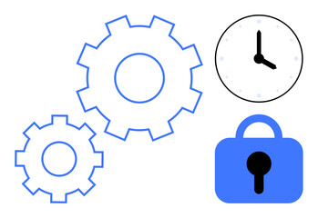 Two gears, a clock, and a padlock appear in a simple, minimalist design with blue and black colors. Ideal for productivity efficiency security time management and mechanical concepts