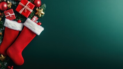 Christmas stockings decorated with gifts and ornaments on a festive background.
