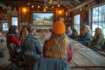 A group of people sitting around a table in a rustic cabin, watching a presentation on a screen.