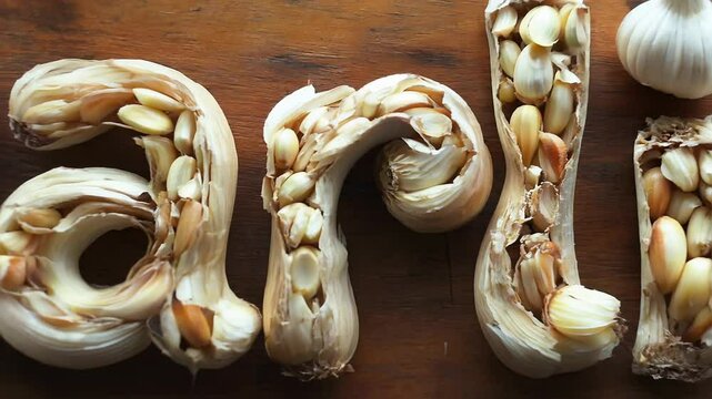 Close-Up of Garlic Cloves Forming Word on Wooden Surface