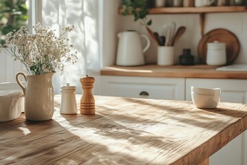 Elegant home kitchen interior with dining table and cooking space, closeup, Generative AI