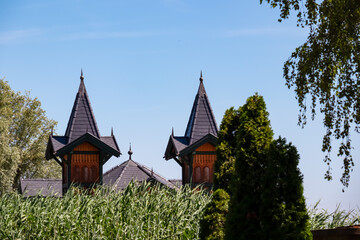 Close up view of Keszthely Island Bath on Lake Balaton, Hungary. Lakeside scene with wooden...