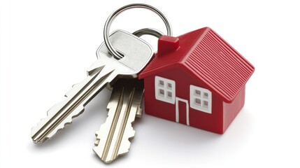 A set of keys with a red house-shaped keychain, symbolizing home ownership.
