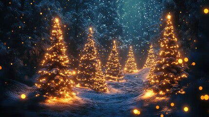 Magical forest with Christmas trees and glowing lights. AI Generated