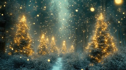 Magical forest with Christmas trees and glowing lights. AI Generated