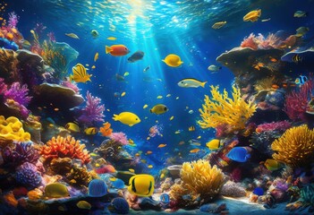 Naklejka premium vibrant dynamic underwater splashes capturing colorful play props whimsical aquatic scene, bright, marine, motion, playful, creativity, light, fun, contrast