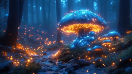 Enchanting Forest Scene With Glowing Mushrooms And Firefly-Like Lights Creating A Magical And Mystical Atmosphere