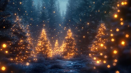 Naklejka premium Magical forest with Christmas trees and glowing lights. AI Generated