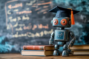AI robot near chalkboard with graduation cap and books, training concept, Generative AI