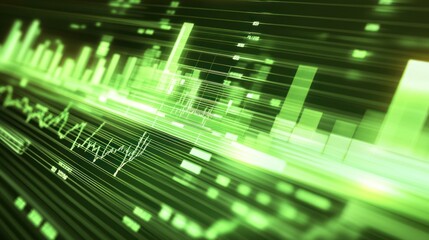 Obraz premium Abstract digital visualization of data metrics with green hues and dynamic lines.