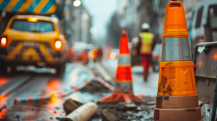 Construction zone with traffic slowing down during a cloudy day, highlighting safety cones and roadwork activity