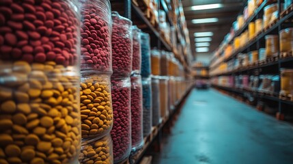 Colorful candies in jars on shelves in a warehouse.