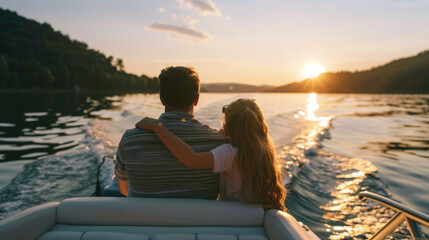 Couple enjoying a romantic boat ride on a serene lake during a beautiful Labor Day sunset