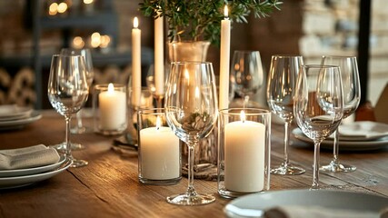 A rustic table is set with candles and wine glasses, creating a warm and inviting atmosphere for a dinner party
