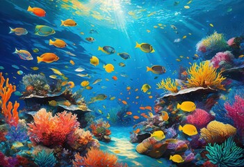 Naklejka premium vibrant underwater scenes showcasing rich diversity marine ecosystems colorful coral exotic lush aquatic flora, reef, fish, species, ocean, habitat