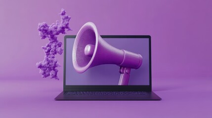 A purple-themed digital scene featuring a megaphone emerging from a laptop.