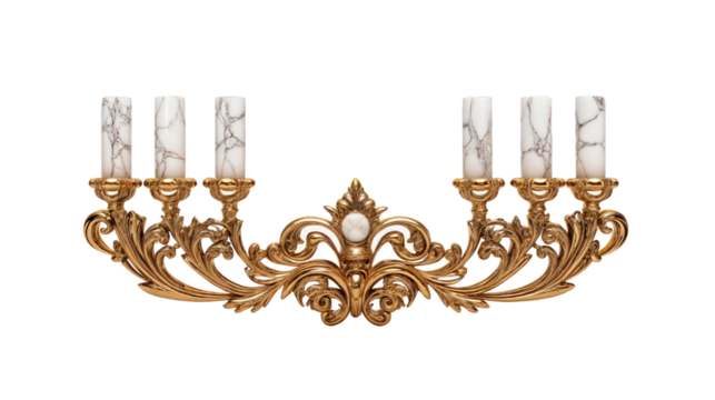 Ornate gold candelabrum with marble candles, isolated PNG on transparent background