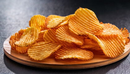 A close-up of crunchy crinkle-cut potato chips, showcasing their golden, crispy texture and wavy ridges, perfect for a tasty snack