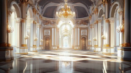 Fototapeta premium A grand, illuminated hall with ornate architecture and elaborate chandeliers.