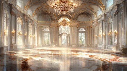 Obraz premium A grand, sunlit hall with ornate architecture and a polished marble floor.