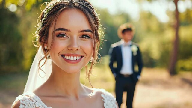 A bride smiles happily at the camera, her groom waiting in the background, on their wedding day