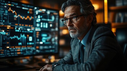 A mature businessman in a suit sits in front of a computer monitor displaying stock market data, looking thoughtfully off to the side.