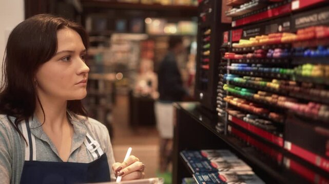 Dedicated employee organizing art supplies in a vibrant store. Focused woman carefully selecting products for inventory check in a local business